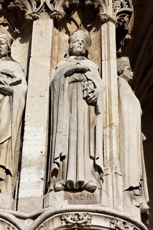 Landry of Paris: stone statue of a bishop on a church exterior