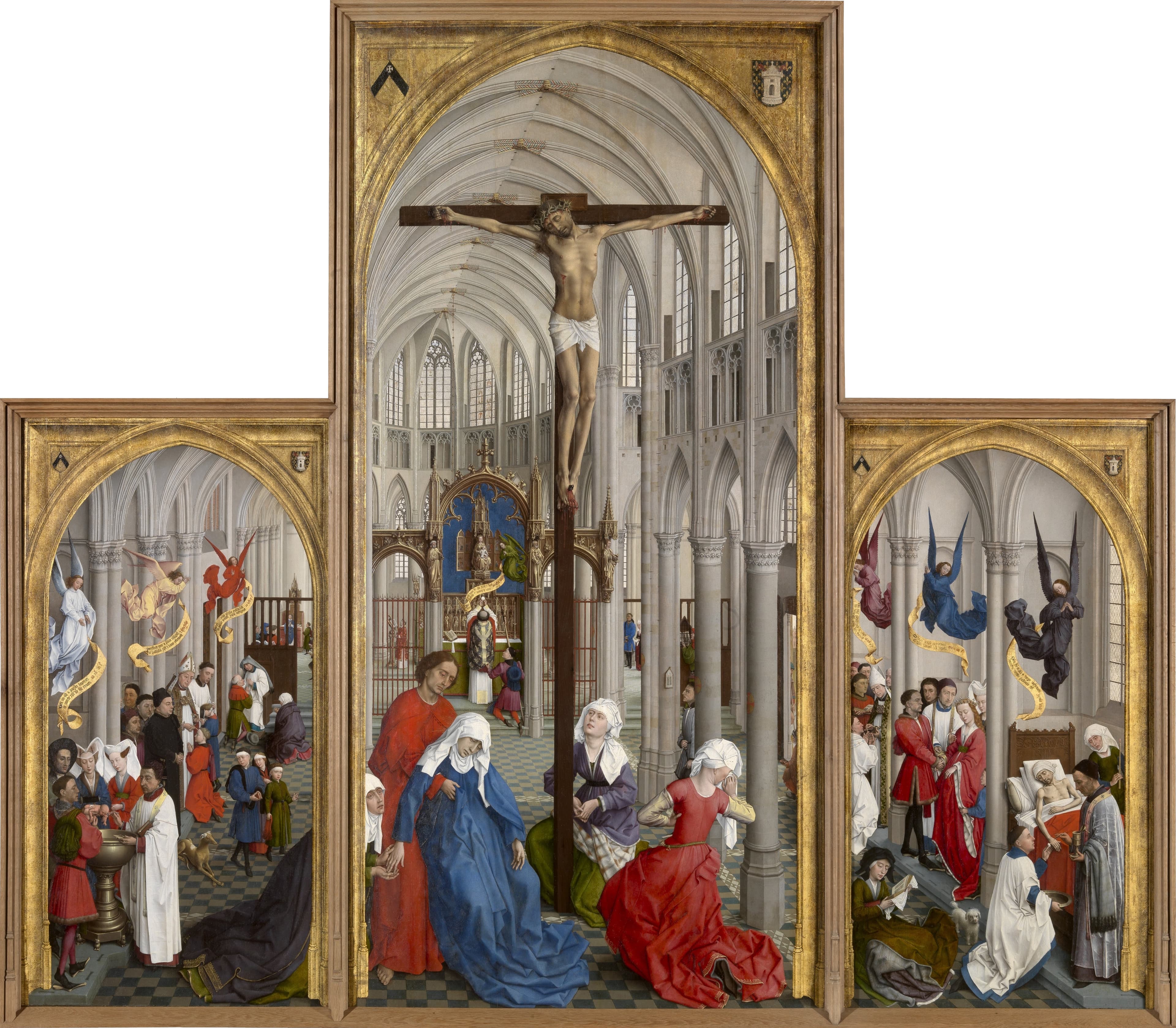 Rogier van der Weyden’s Seven Sacraments Altarpiece showing sacramental celebrations inside a church beneath the Crucifixion