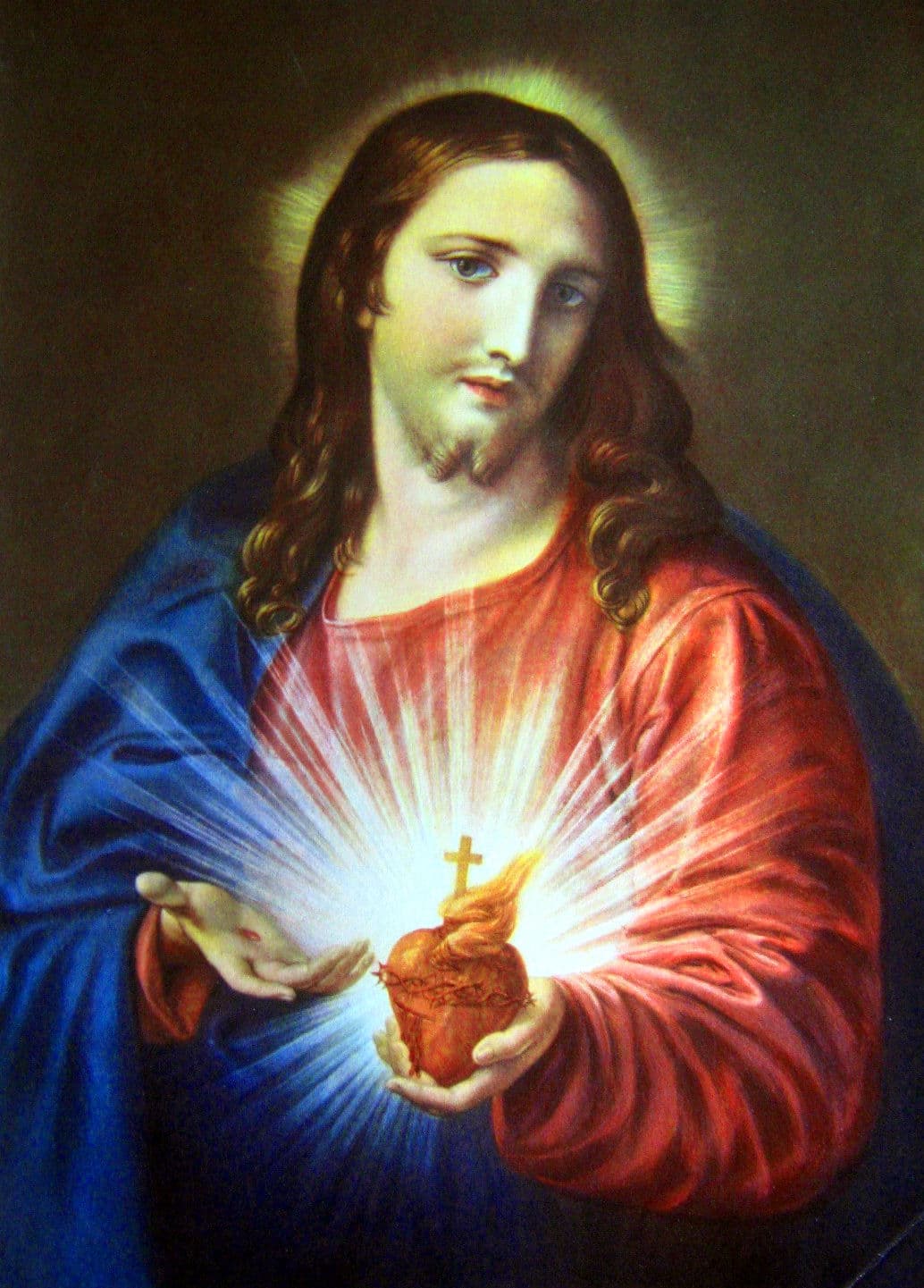 Pompeo Batoni's painting of Jesus in red and blue robes holding a radiant heart topped by a cross
