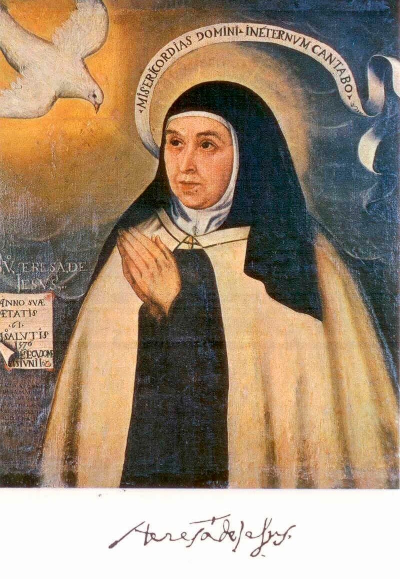 Saint Teresa of Ávila wearing her brown Carmelite habit and white mantle, with a dove above her, in a 1576 portrait