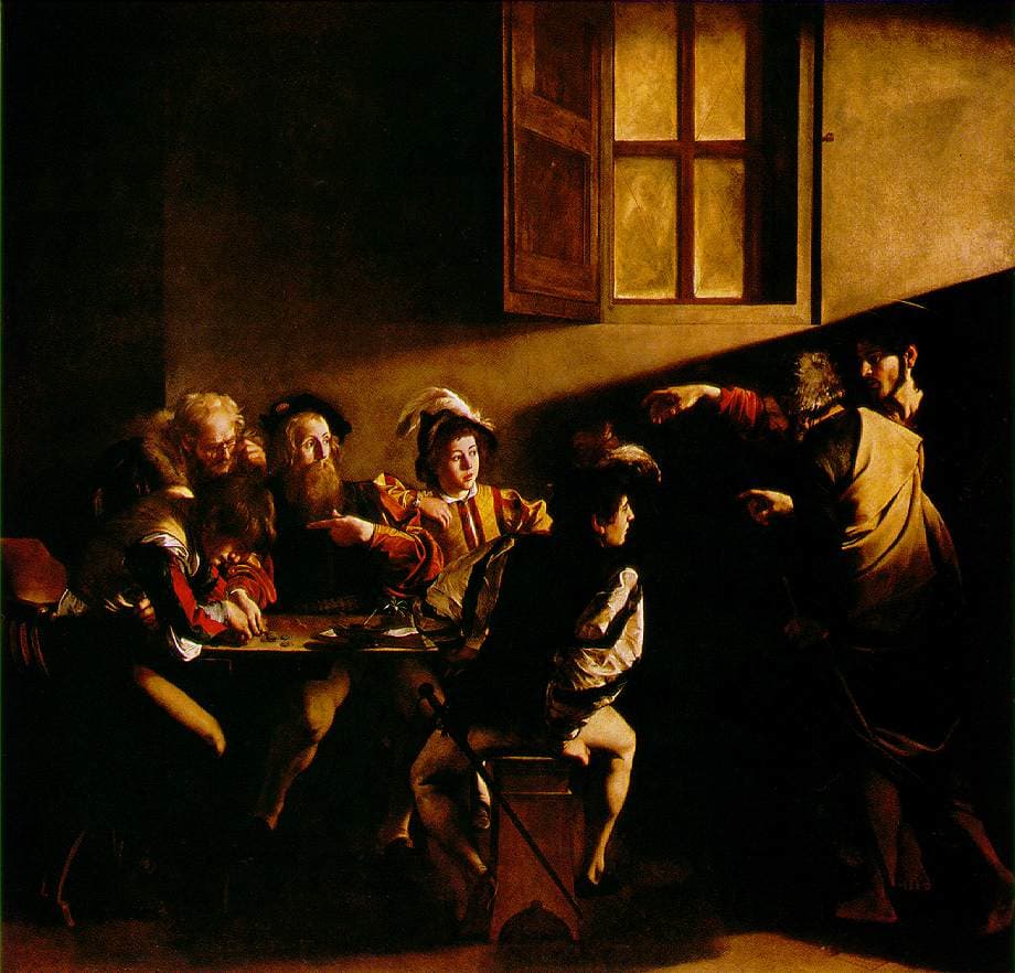Jesus calling a man from a table of tax collectors in Caravaggio’s The Calling of Saint Matthew