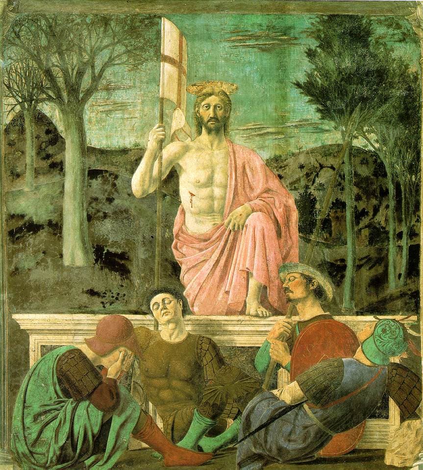 The risen Jesus depicted in The Resurrection by Piero della Francesca