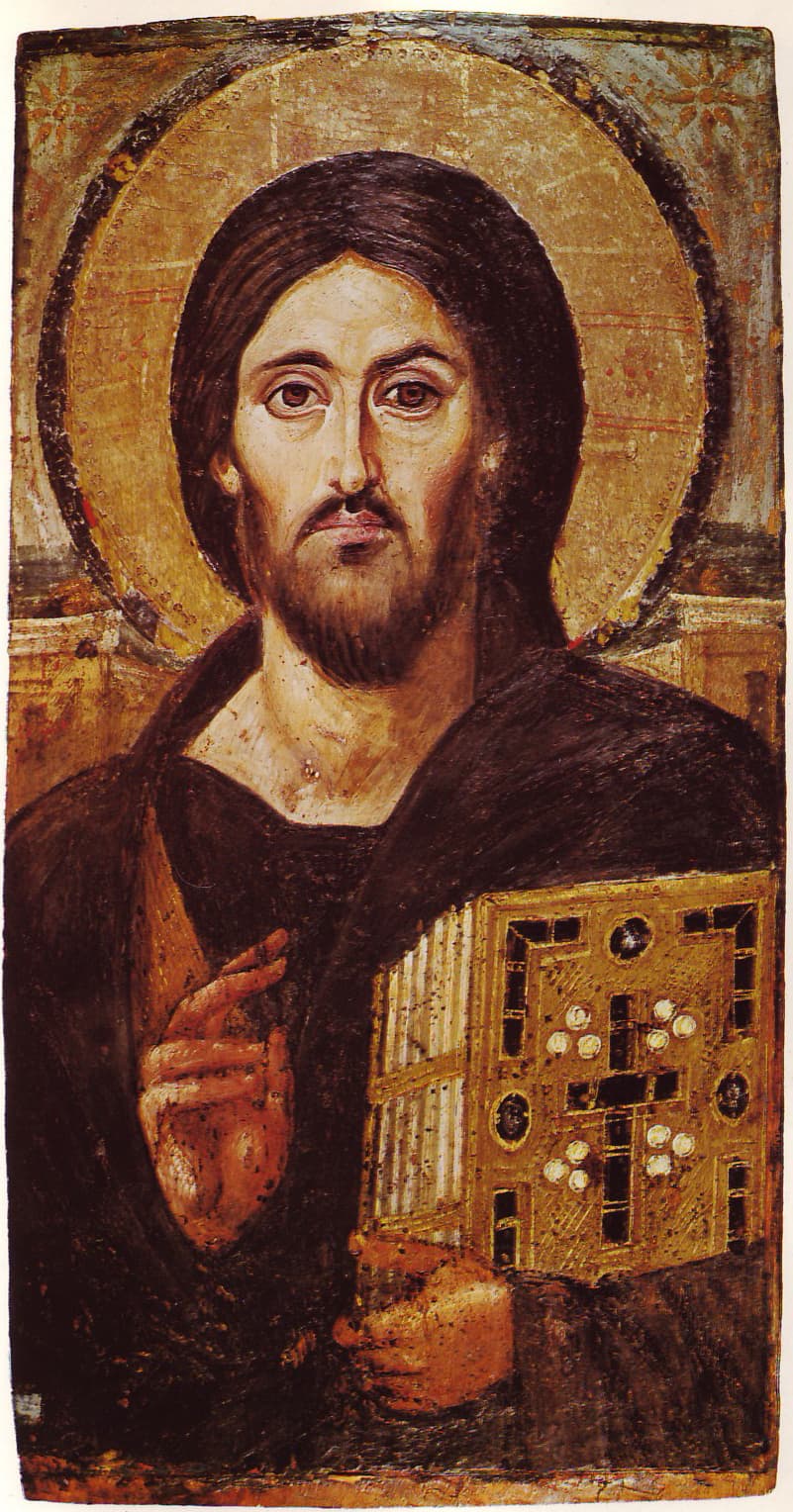 Sixth-century icon of Christ holding a decorated Gospel book and raising his right hand in blessing, from Saint Catherine's Monastery in Sinai.