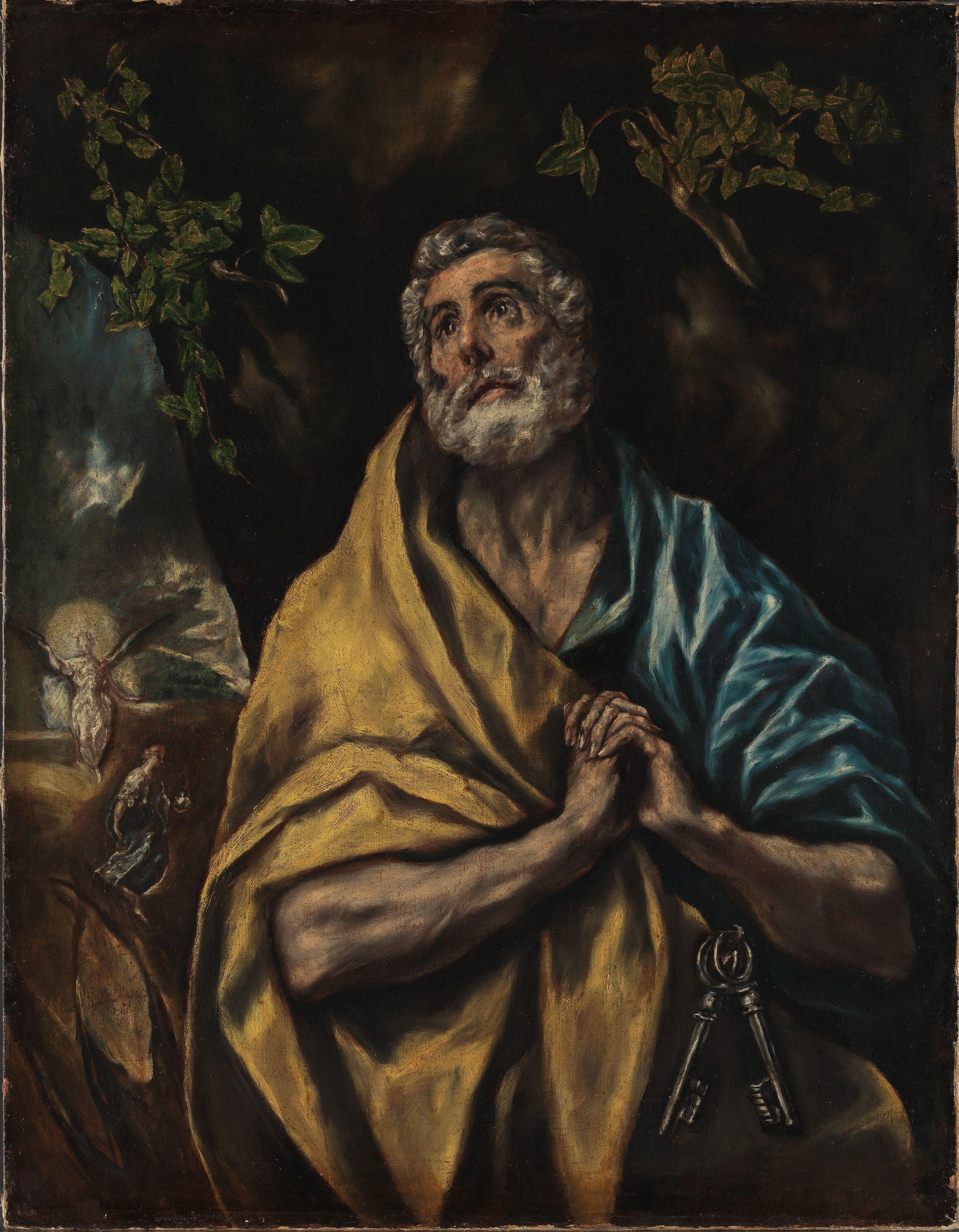 Saint Peter with clasped hands and an upward gaze, wearing a blue tunic and golden cloak, painted by El Greco.