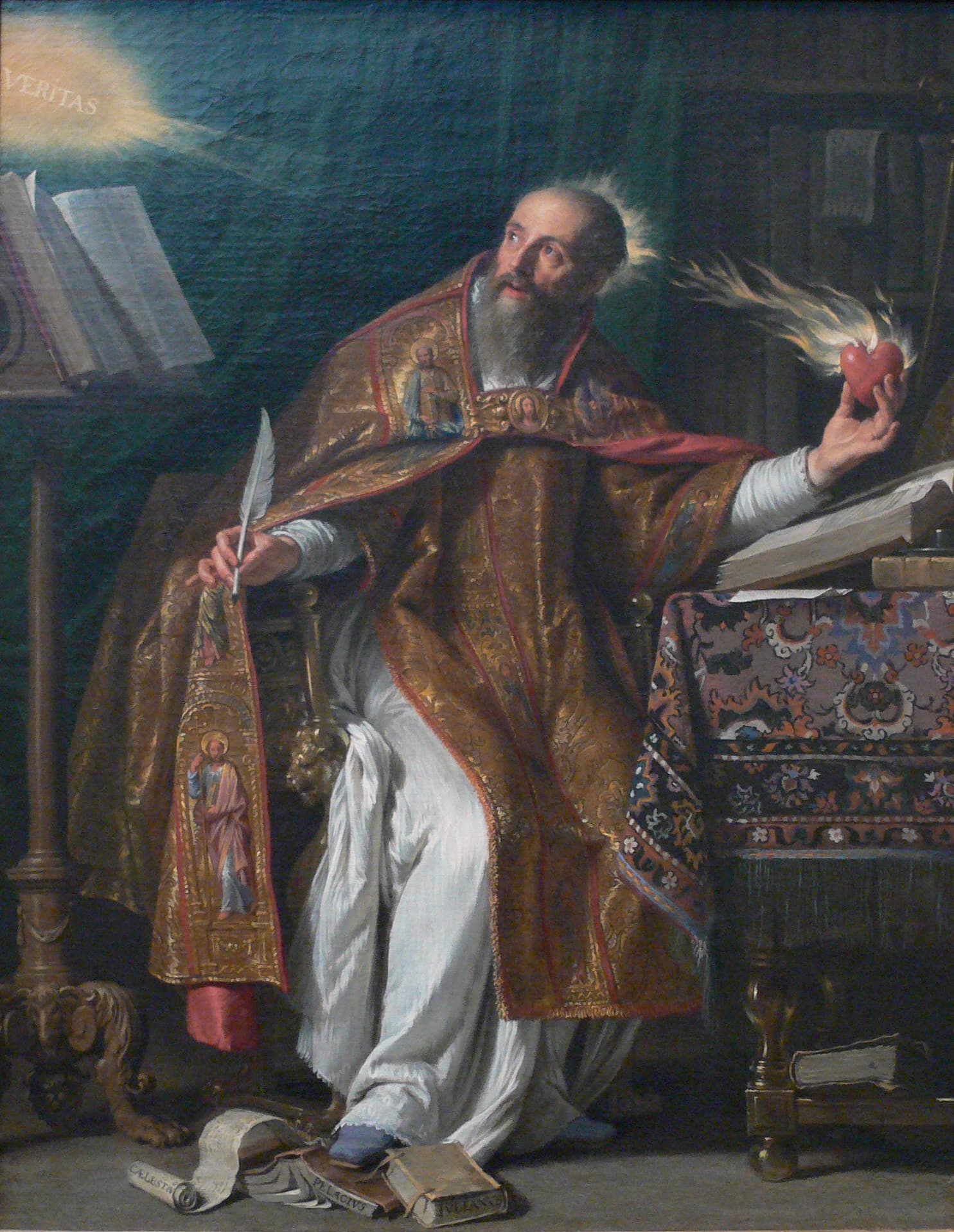 Saint Augustine in a bishop's robes at a desk, holding a flaming heart and looking toward a beam of light, in a painting by Philippe de Champaigne.