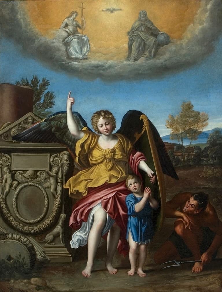 A guardian angel accompanying a child in a painting attributed to the workshop of Domenichino