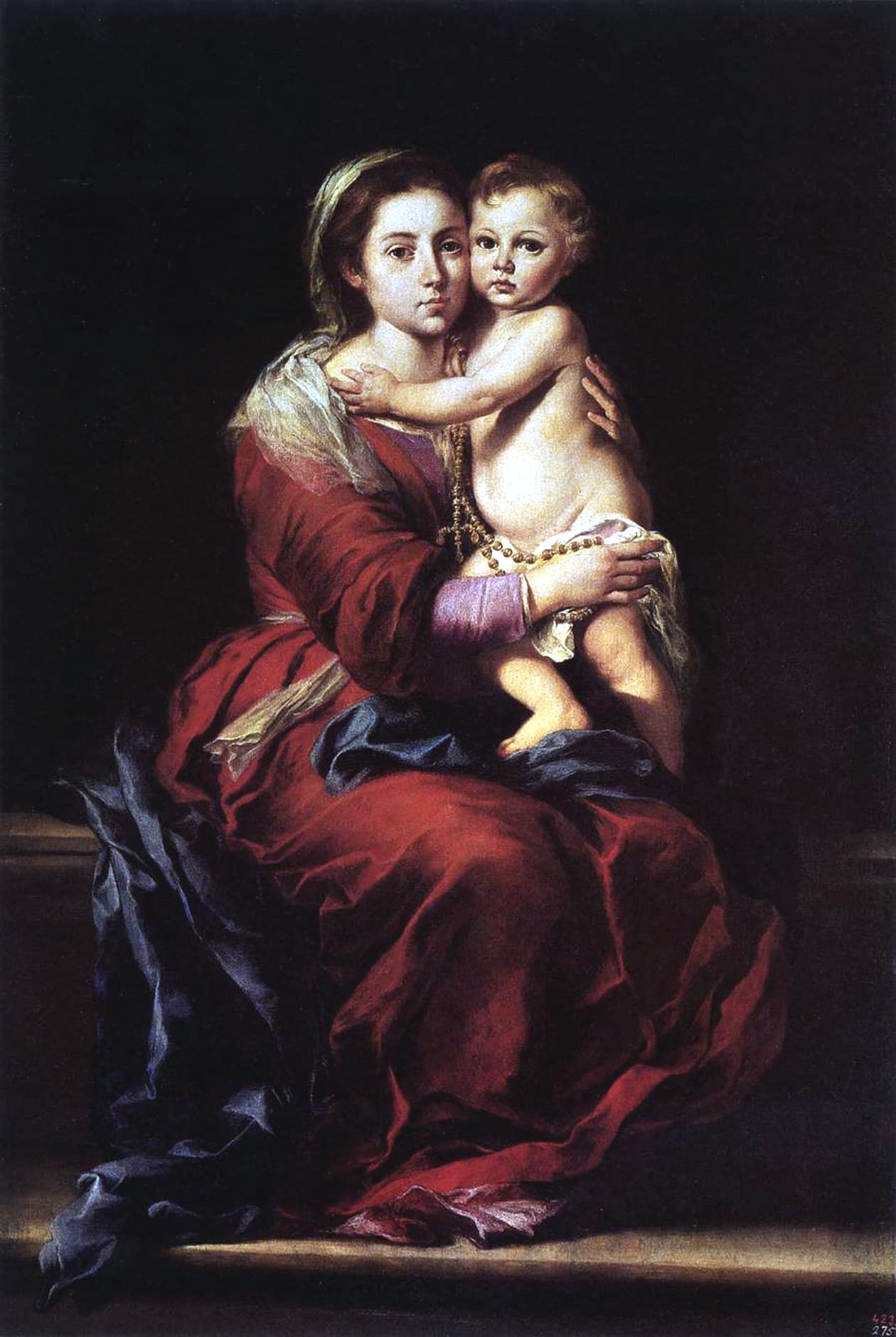 The Virgin Mary holding the child Jesus and a rosary in a painting by Bartolomé Esteban Murillo