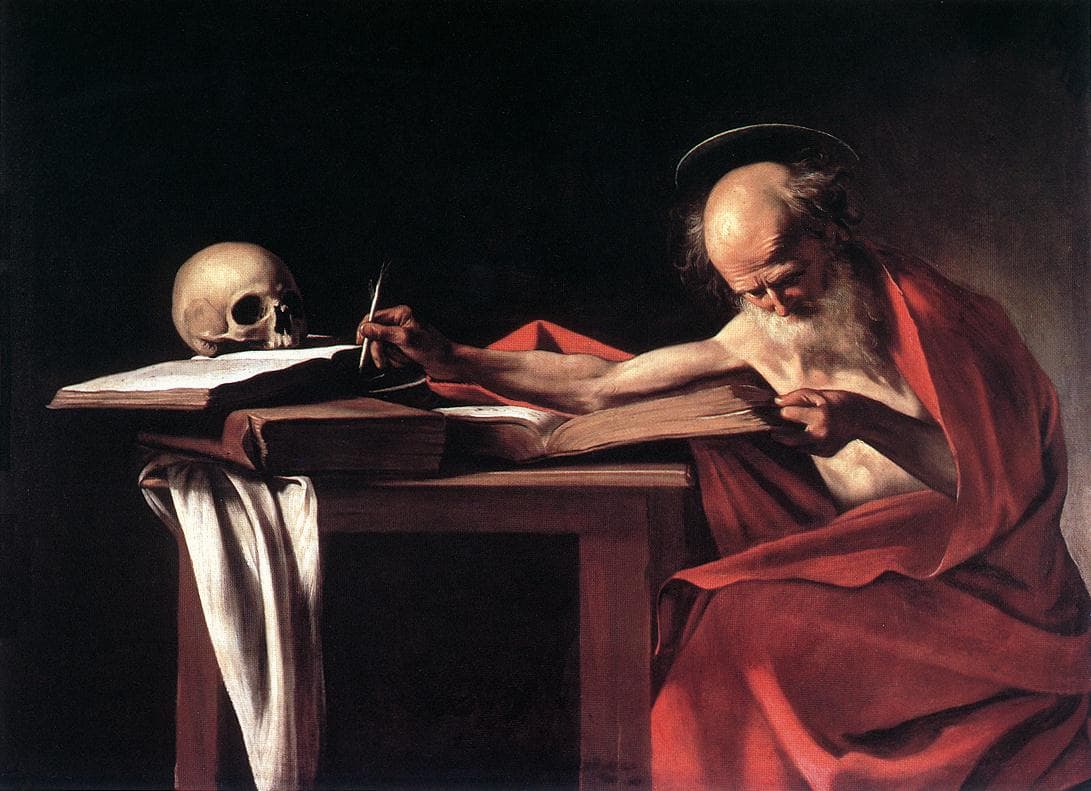 Caravaggio’s depiction of Saint Jerome studying books and holding a quill beside a skull