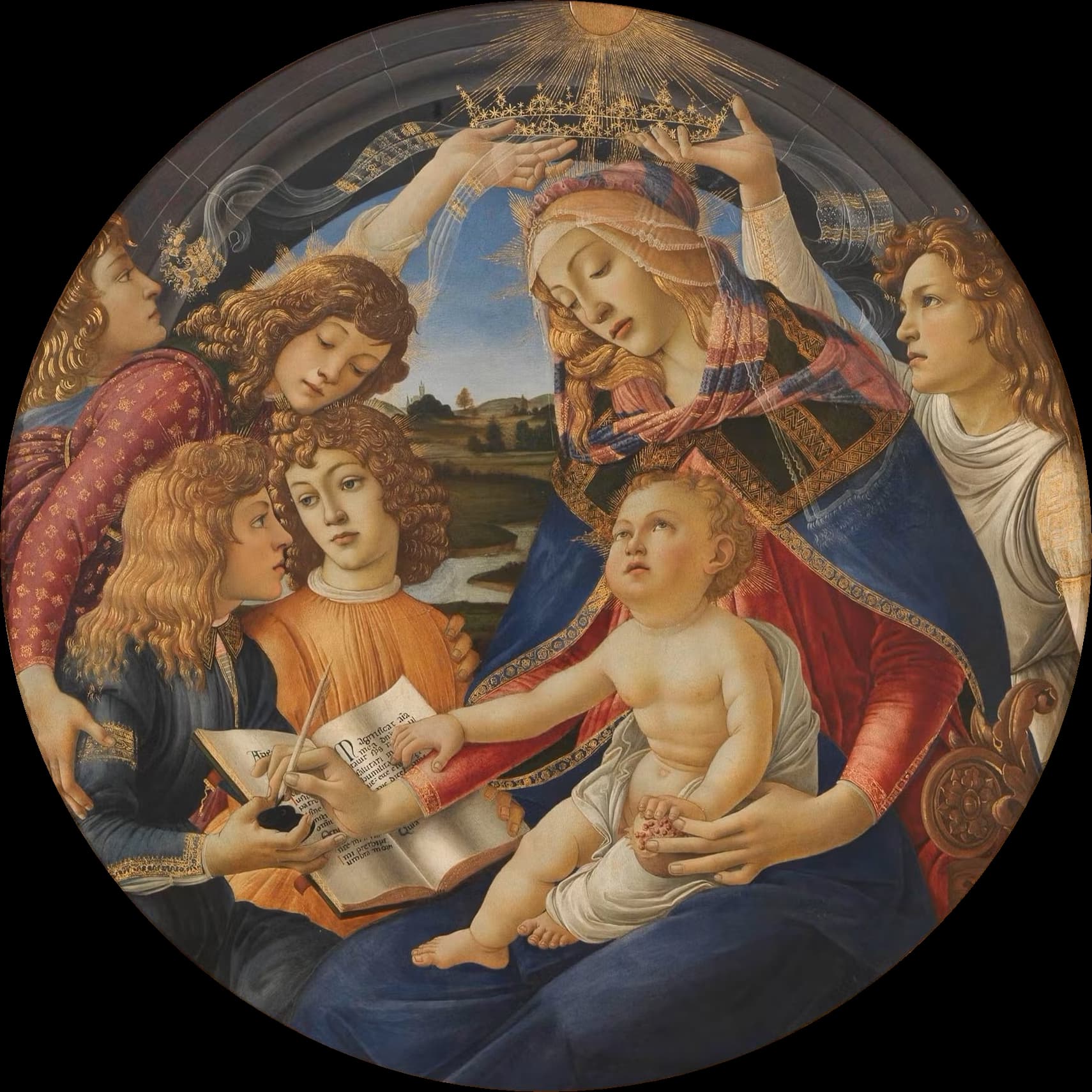 Botticelli's Mary holding the infant Jesus and writing in an open book, surrounded by angels who hold a crown above her.