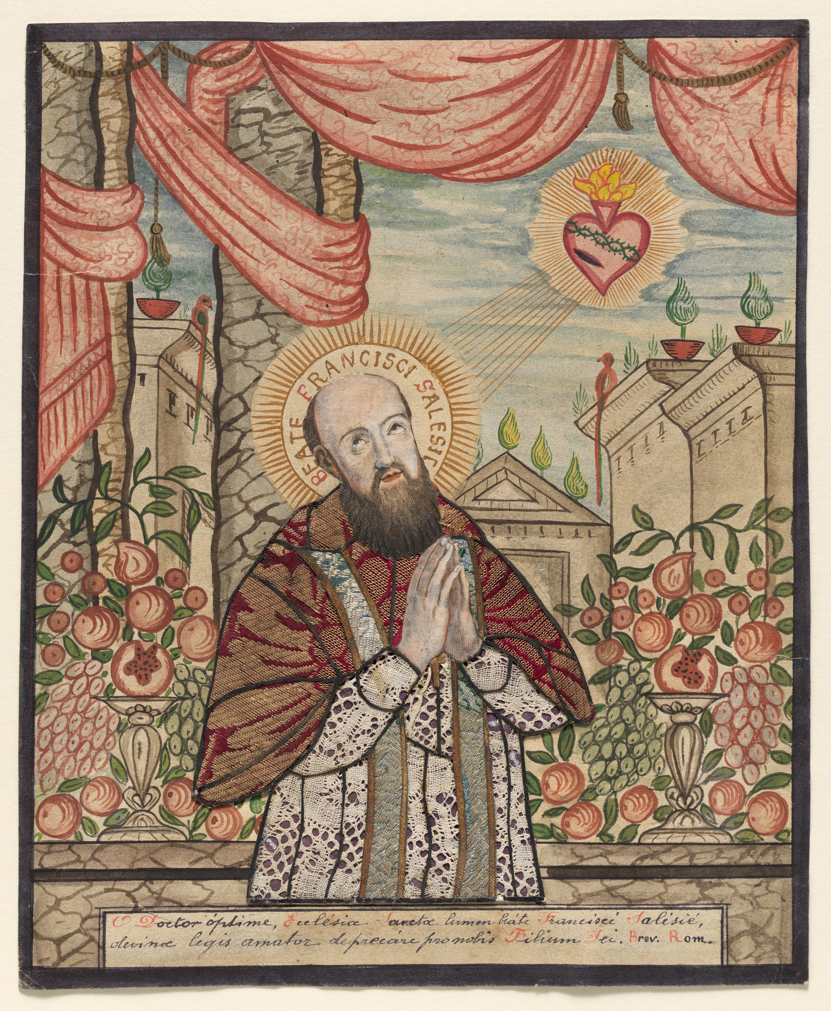 Eighteenth-century devotional image of Saint Francis de Sales praying, with roses, red drapery and a radiant heart