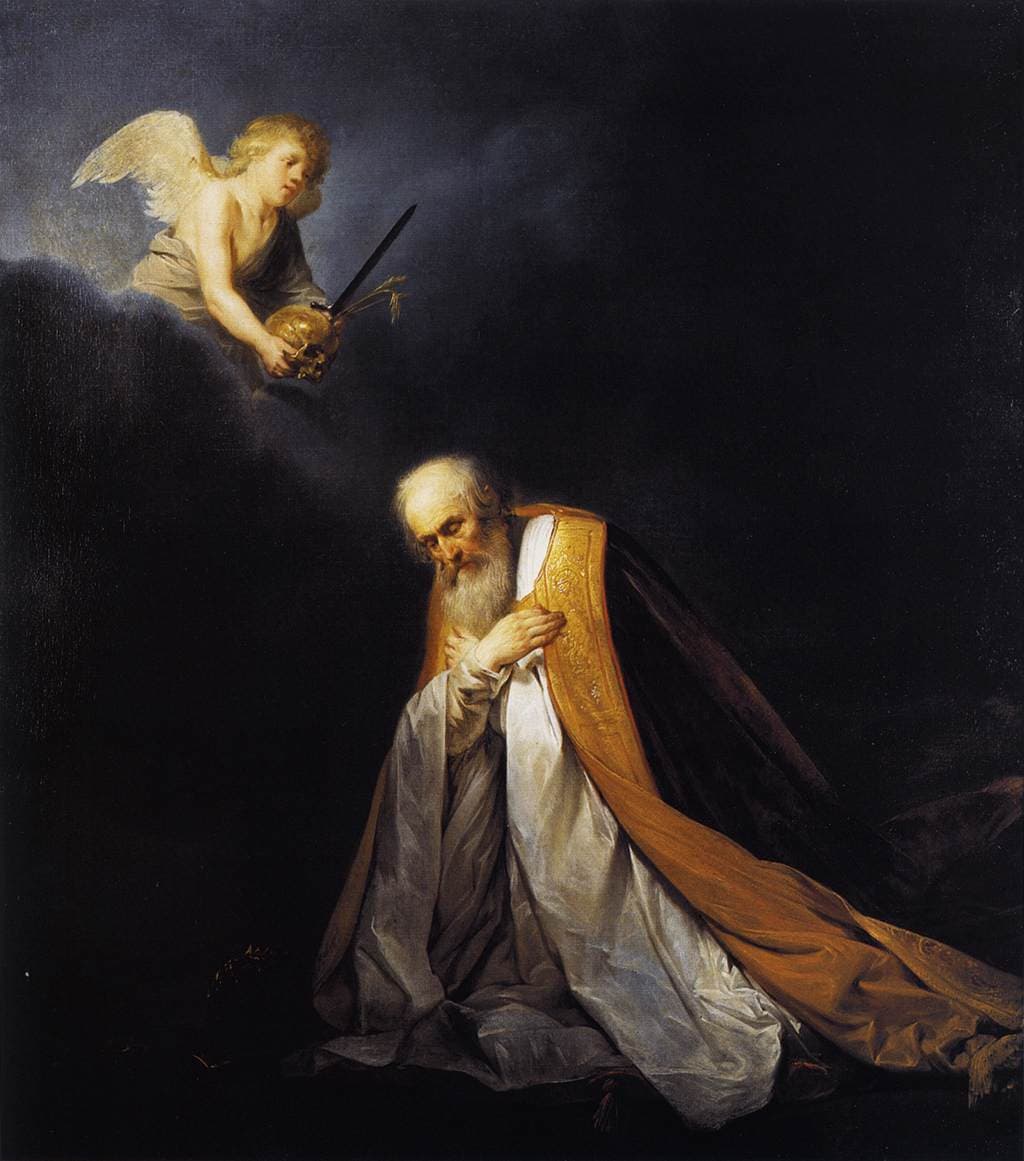 King David kneels in prayer beneath an angel in Pieter de Grebber's painting