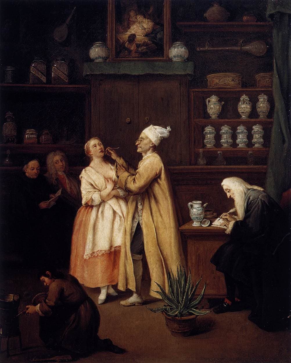 Pietro Longhi's painting of people in an apothecary's shop with shelves of medicine jars