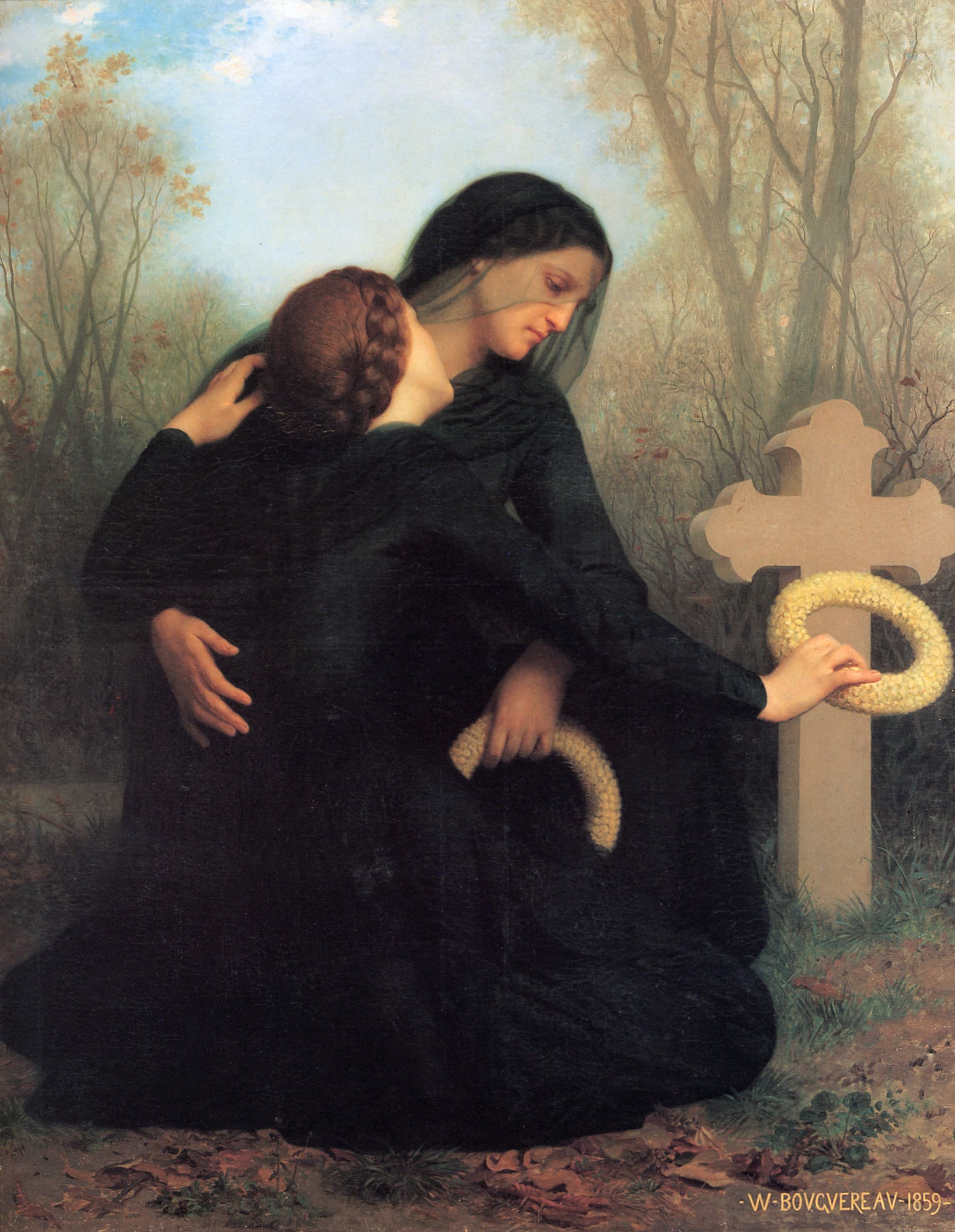Two mourners embrace beside a grave marked by a cross and wreath in Bouguereau's The Day of the Dead