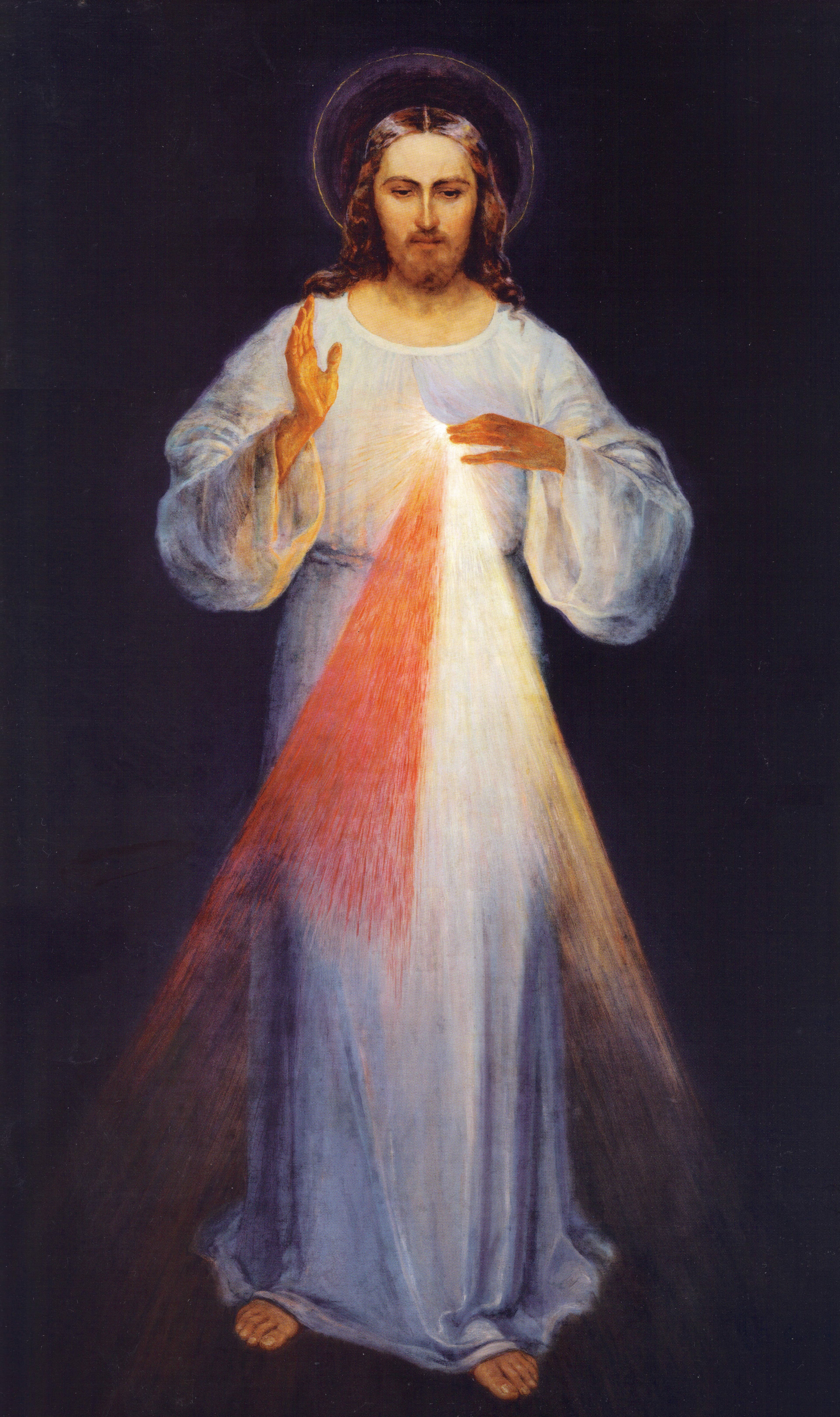 Jesus raising his right hand in blessing with red and pale rays from his heart in Eugeniusz Kazimirowski’s Divine Mercy painting