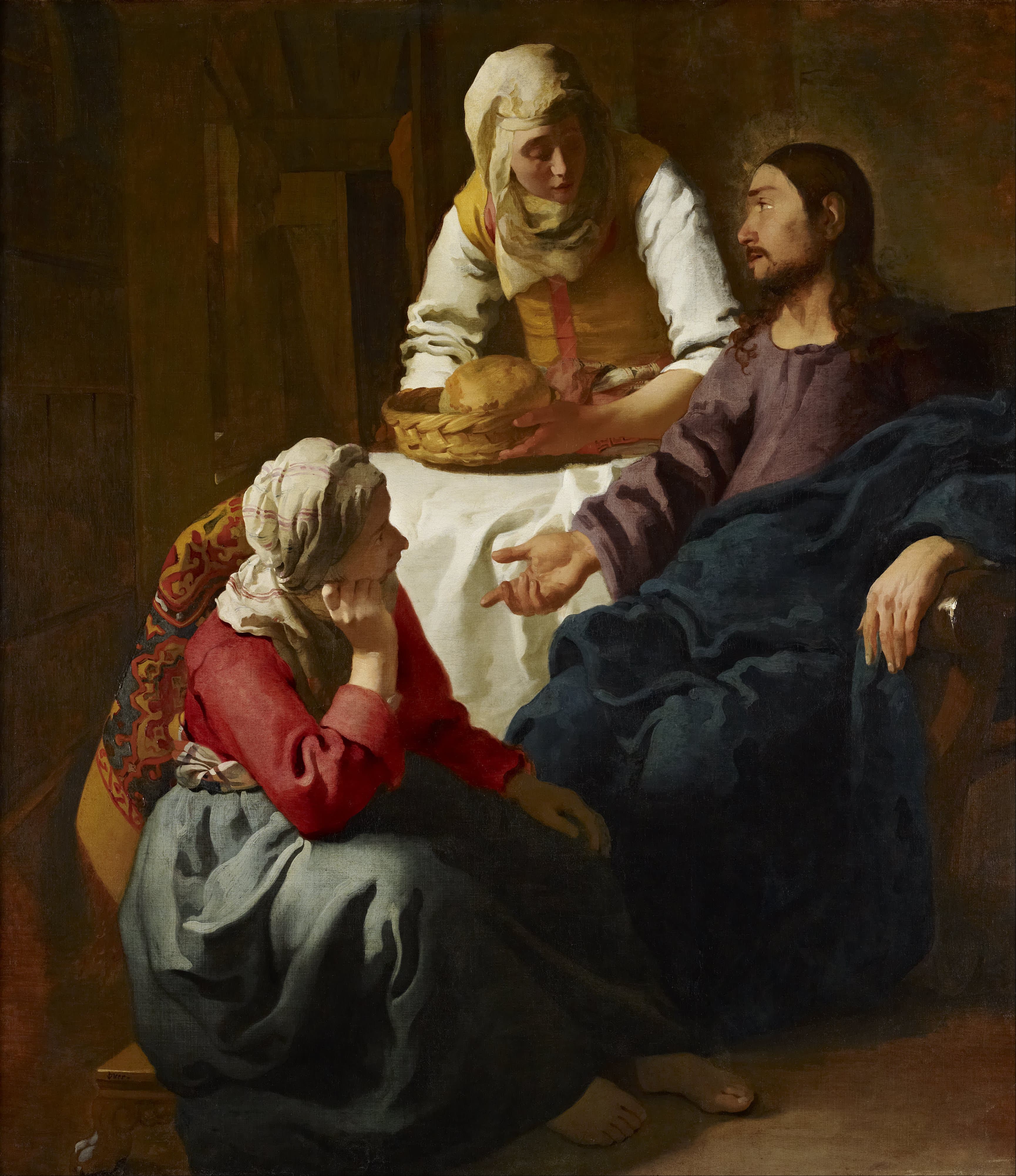 Jesus speaking with Martha and Mary in their home, painted by Johannes Vermeer