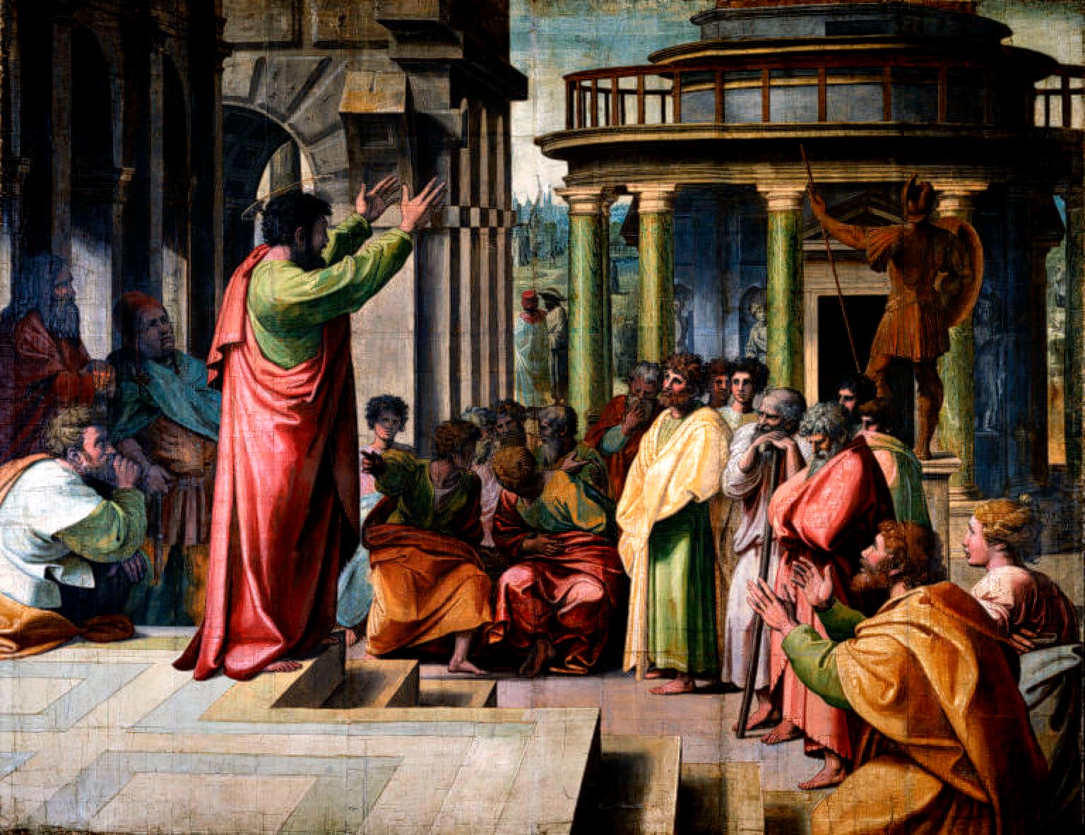 Saint Paul addressing a gathering in Raphael’s Saint Paul Preaching in Athens