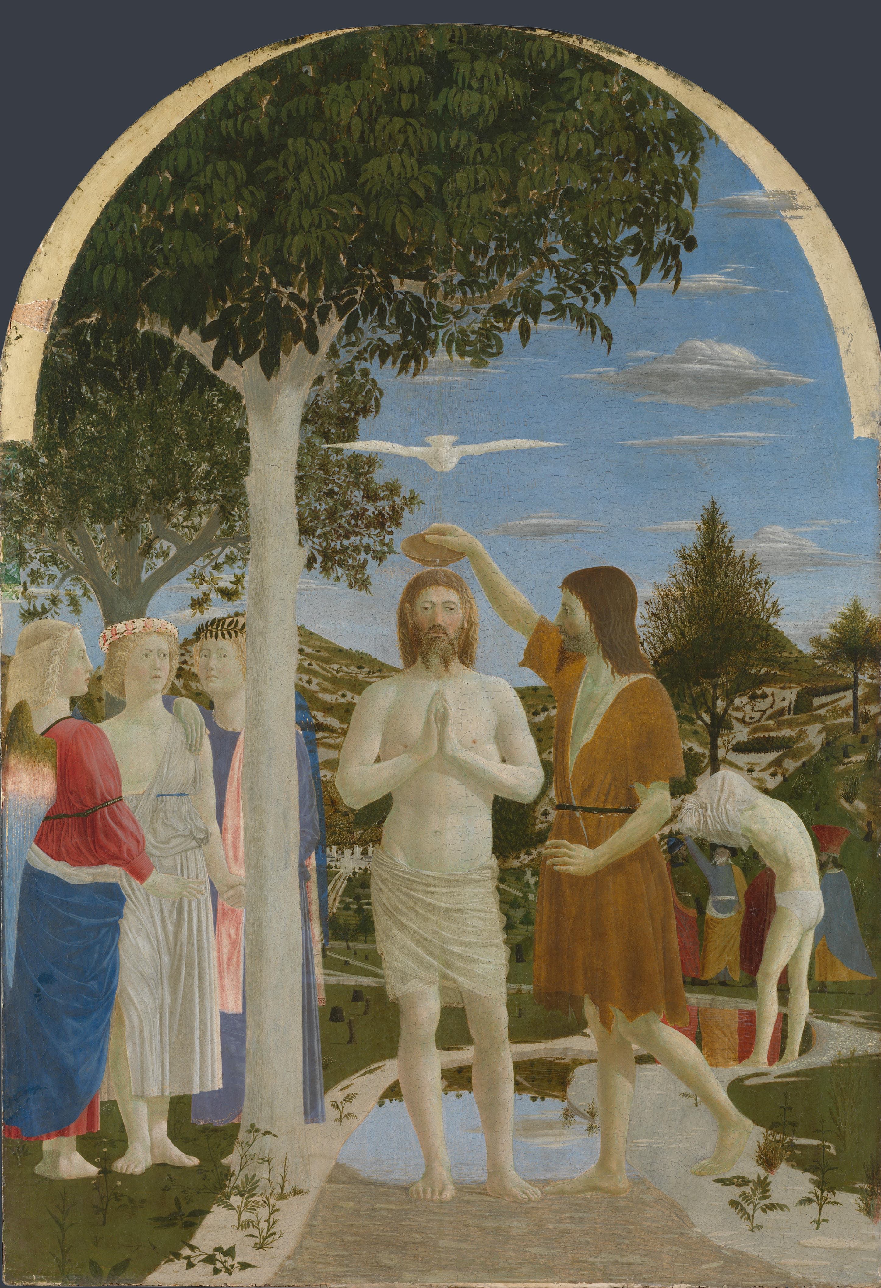Piero della Francesca's painting of John the Baptist pouring water over Jesus, with a dove above and three angels standing nearby.