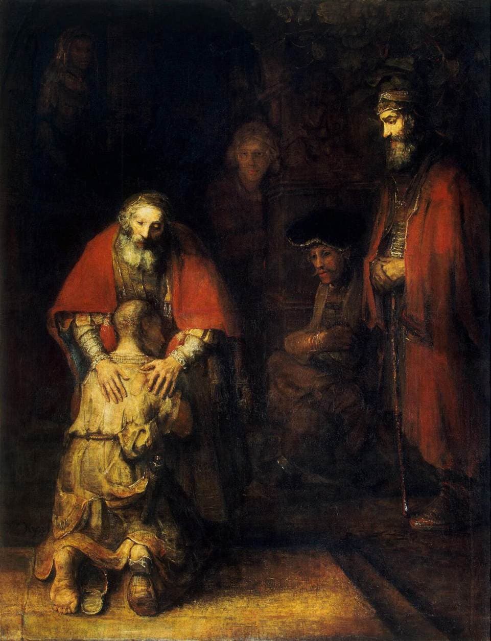 A father rests his hands on his kneeling son's shoulders in Rembrandt's The Return of the Prodigal Son