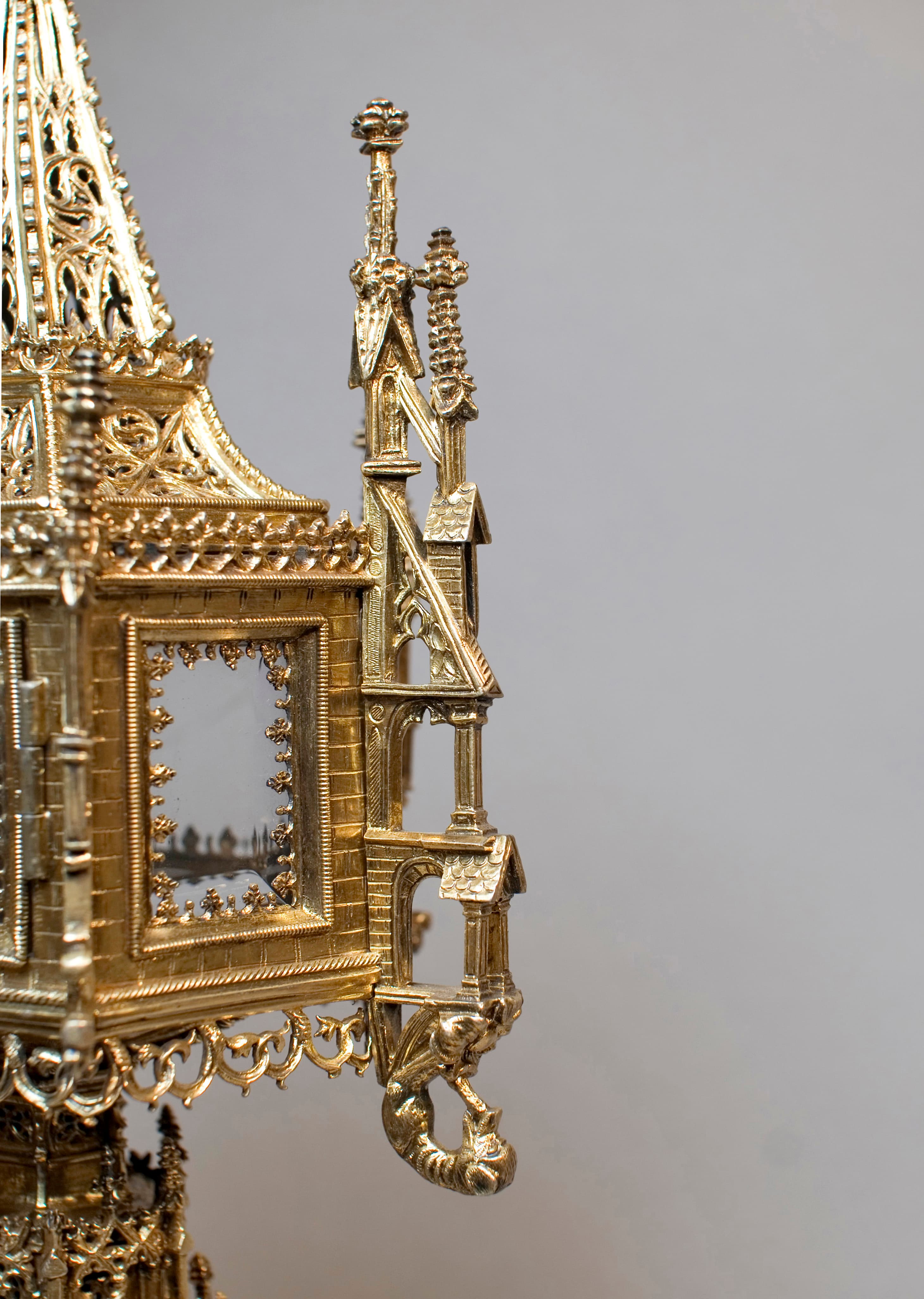 Detail of a gilded Spanish monstrance, circa 1500, with architectural ornament and a small figure