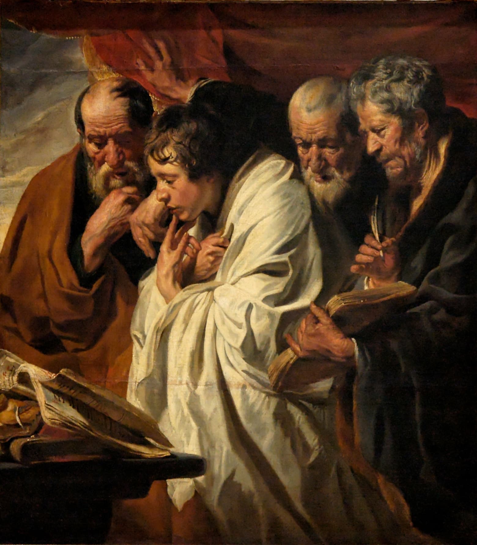 Jacob Jordaens painting of the four evangelists gathered around an open book