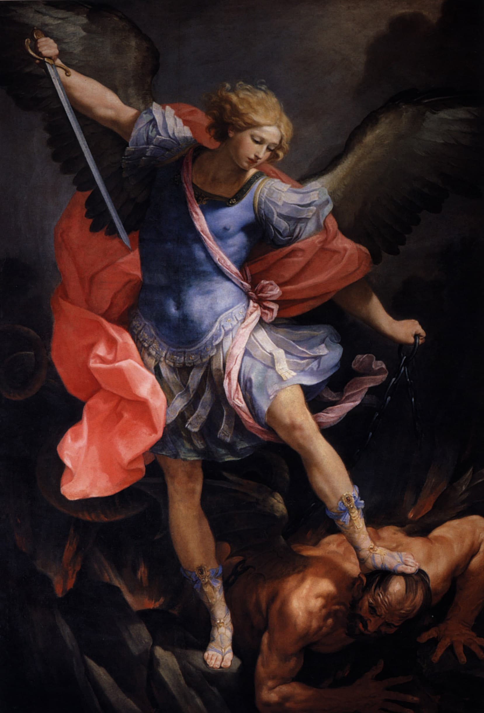 Saint Michael wearing armor and a flowing cloak, standing over Satan in a painting by Guido Reni