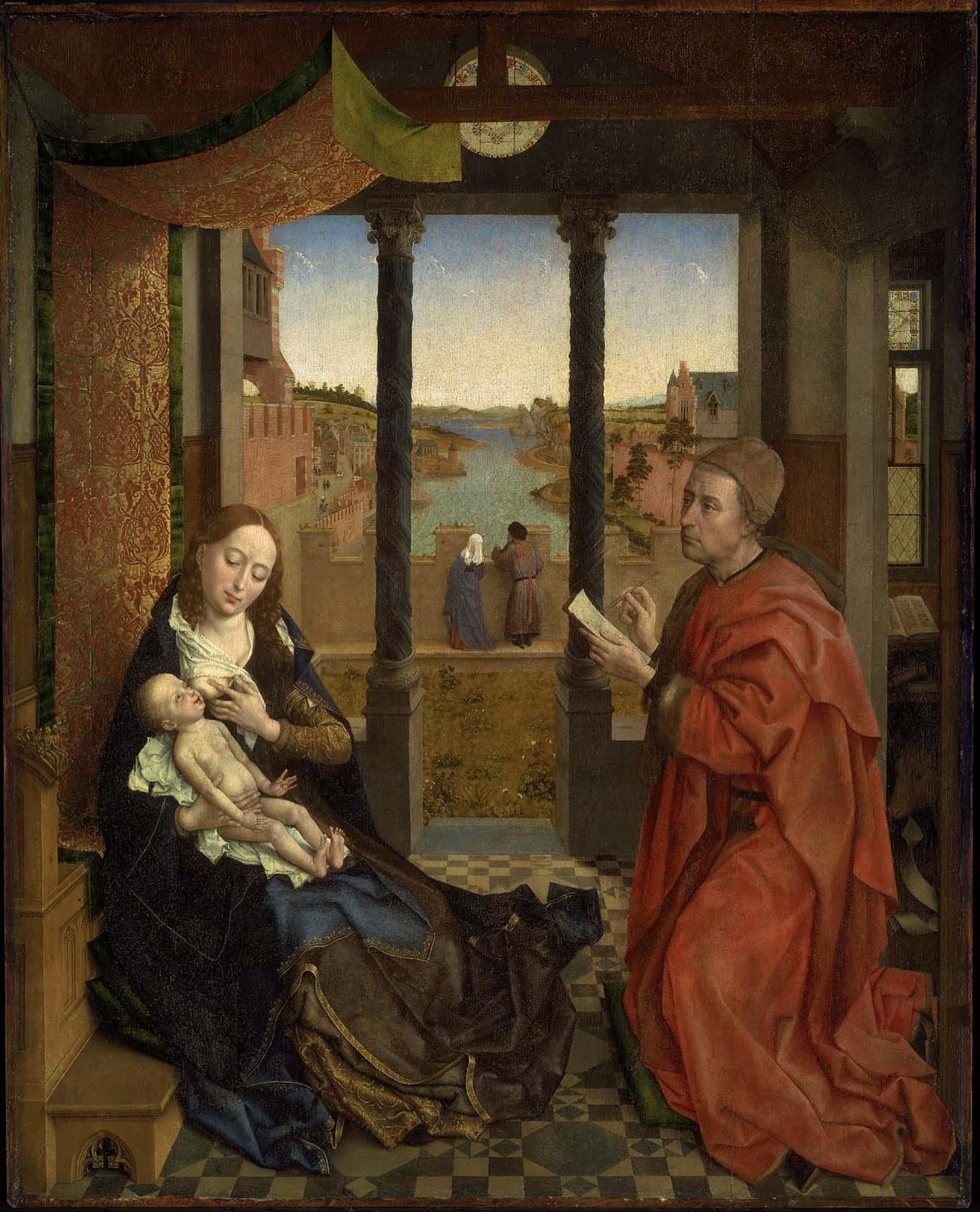 Rogier van der Weyden's painting of Saint Luke in red drawing Mary as she holds the infant Jesus, with a river landscape beyond.