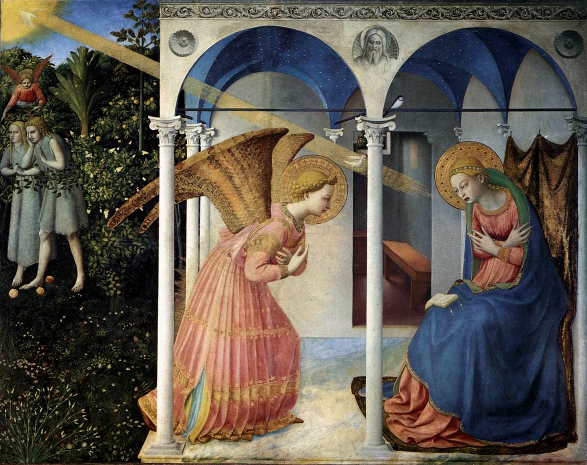 Fra Angelico's Annunciation showing the angel Gabriel greeting Mary beneath a portico