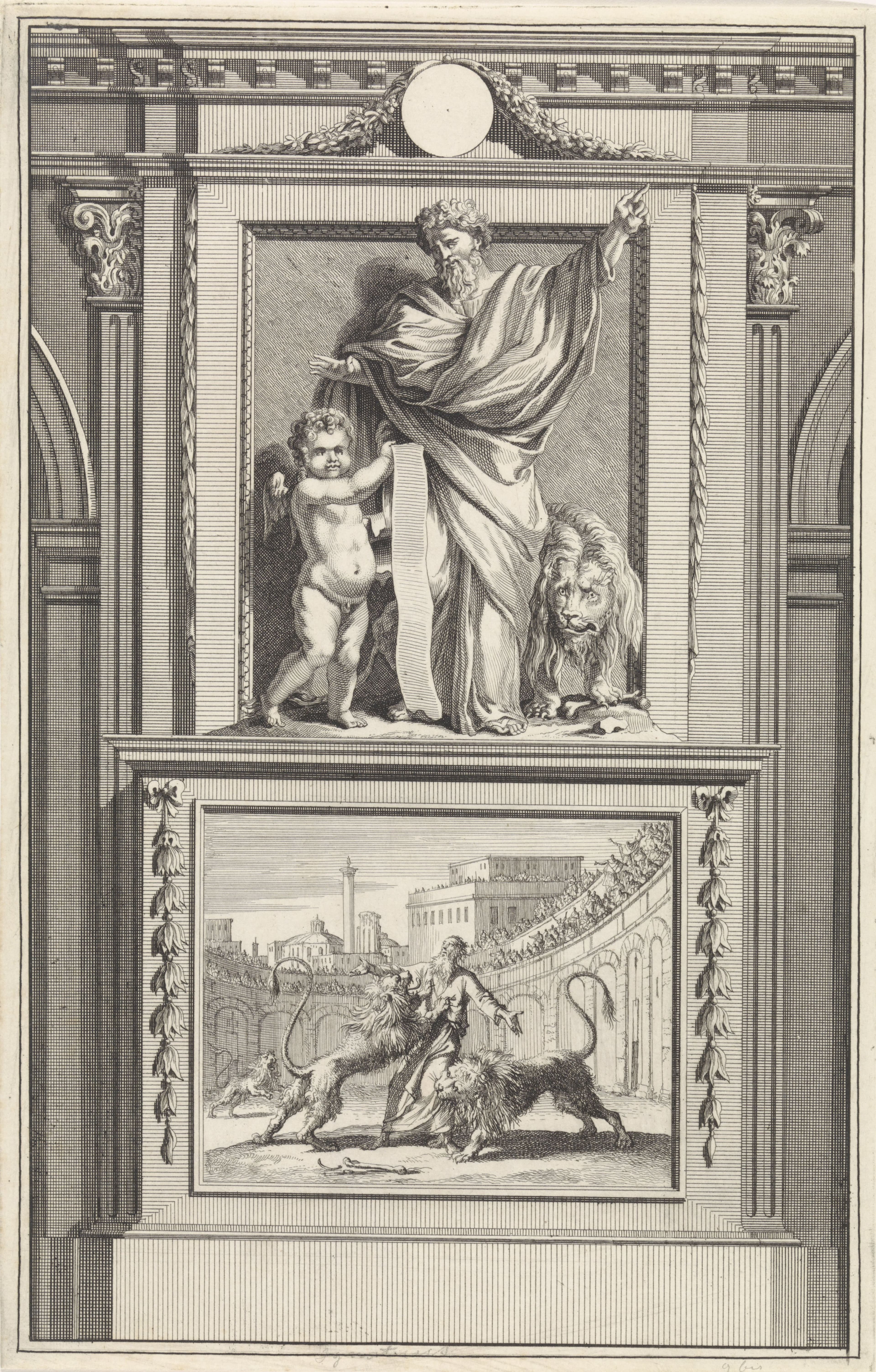 Engraving of Saint Ignatius of Antioch with a lion and an angel holding a scroll, above a scene of his martyrdom.