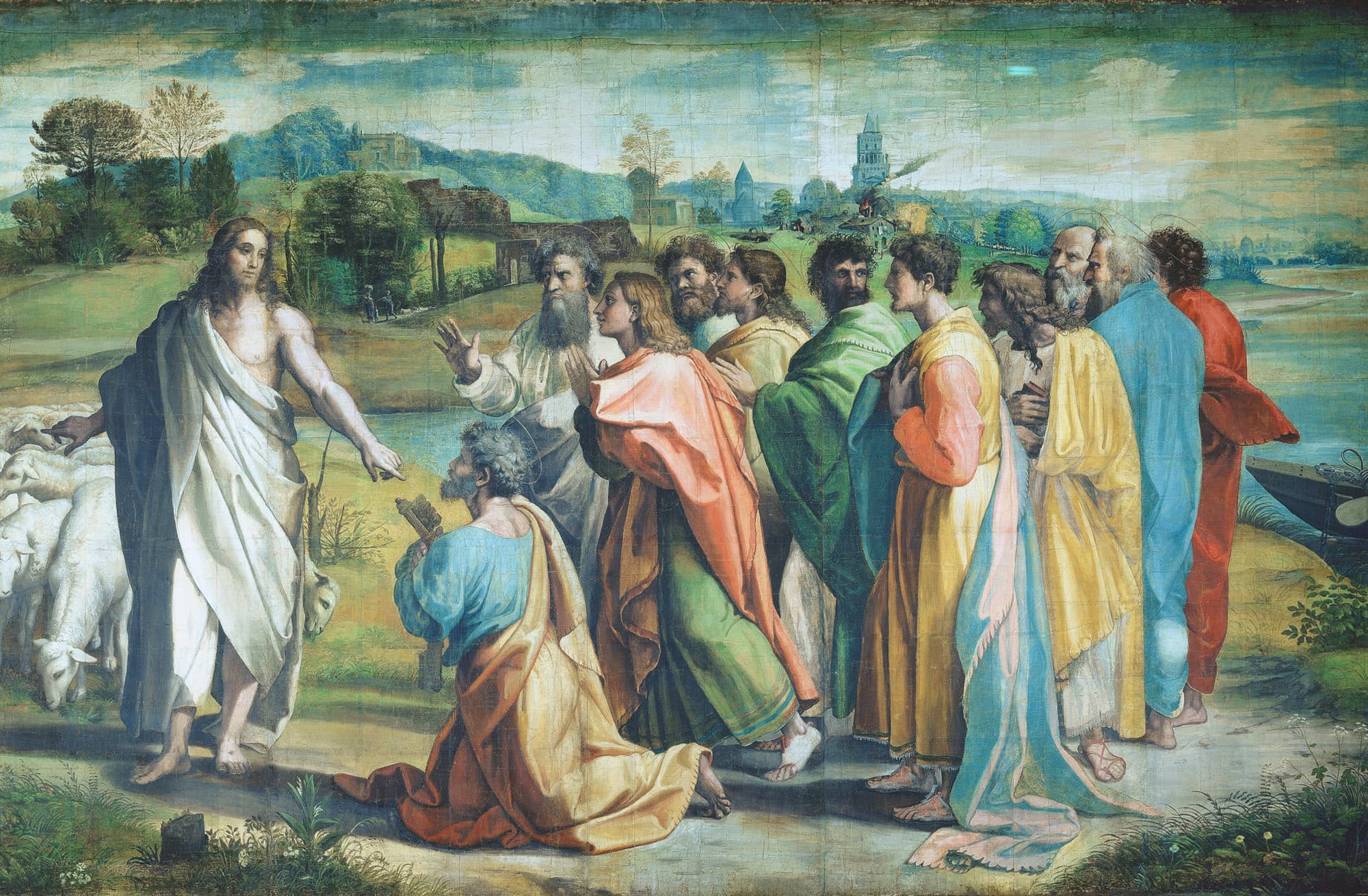 Jesus with Peter and the apostles in Raphael’s Christ’s Charge to Peter