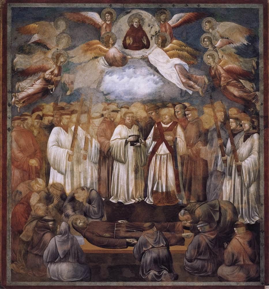 An Assisi fresco depicting Saint Francis lying among mourning friars, with angels above him.