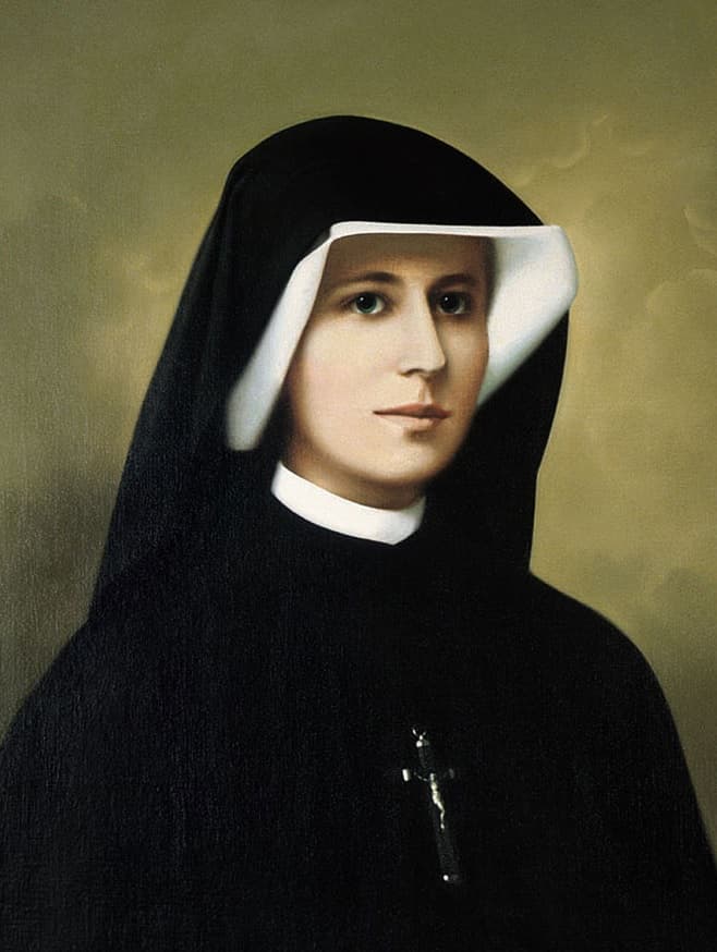 Painted portrait of Saint Faustina Kowalska wearing a black religious habit and a cross
