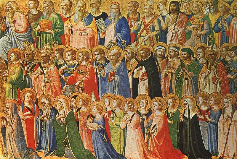 Detail of Fra Angelico's painting showing rows of haloed biblical figures and saints in colorful robes against a gold background.