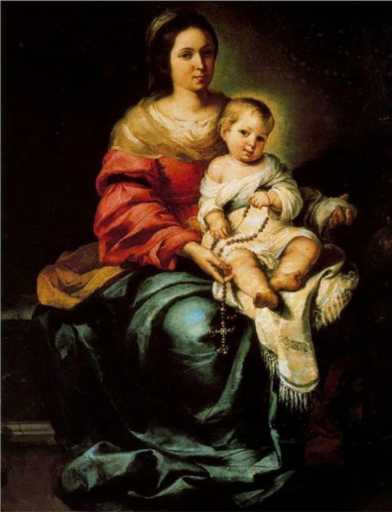 Murillo's painting of Mary holding the infant Jesus with rosary beads