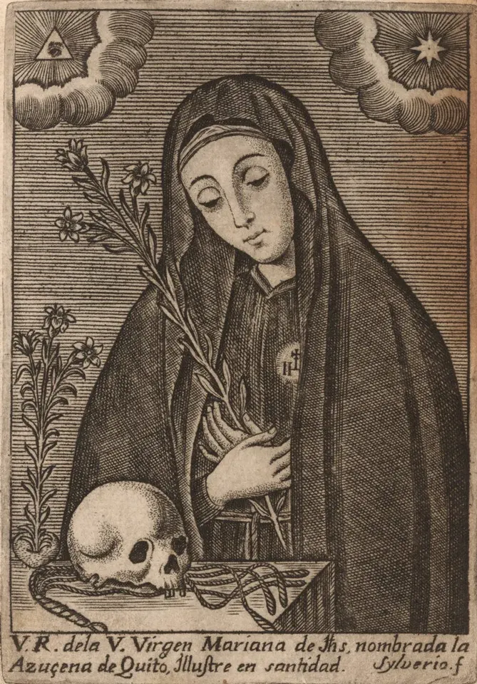 Mariana de Jesús de Paredes: engraving of a veiled woman beside a skull and flowers