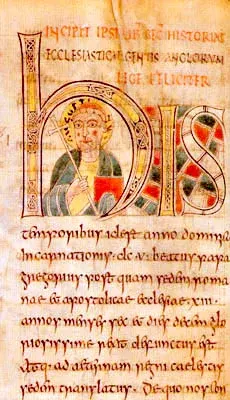 Augustine of Canterbury: illuminated manuscript with a small bishop's portrait among red and brown lettering