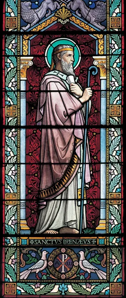 Irenaeus of Lyon: stained-glass figure in a pink robe holding a book