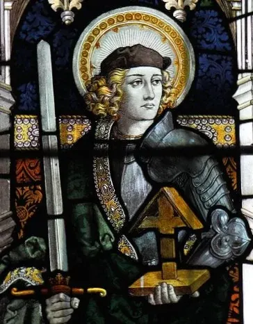 Alban: stained-glass figure holding a sword and cross