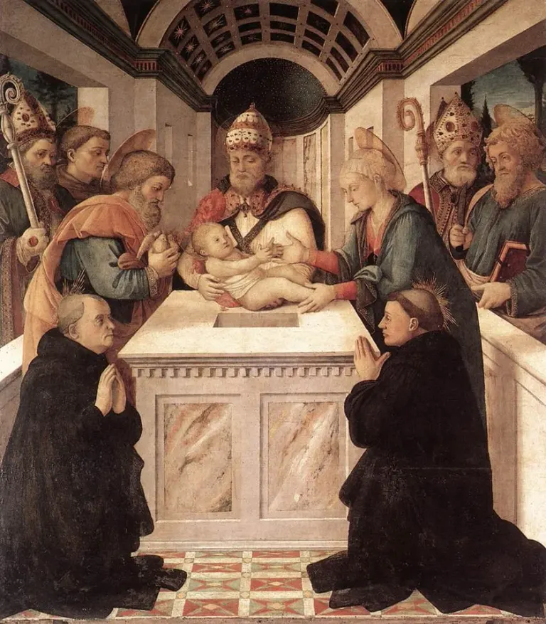 Peregrine Laziosi: painting of the dead Christ surrounded by mourners and kneeling friars