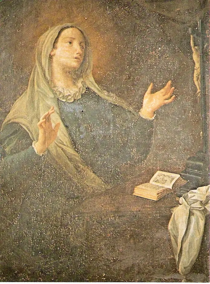 Catherine of Genoa: painting of a woman with raised hands beside an open book