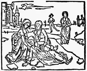 Lidwina of Schiedam: woodcut of a woman lying on the ground with companions beside her