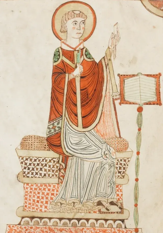 Bede the Venerable: manuscript drawing of a haloed cleric beside an open book