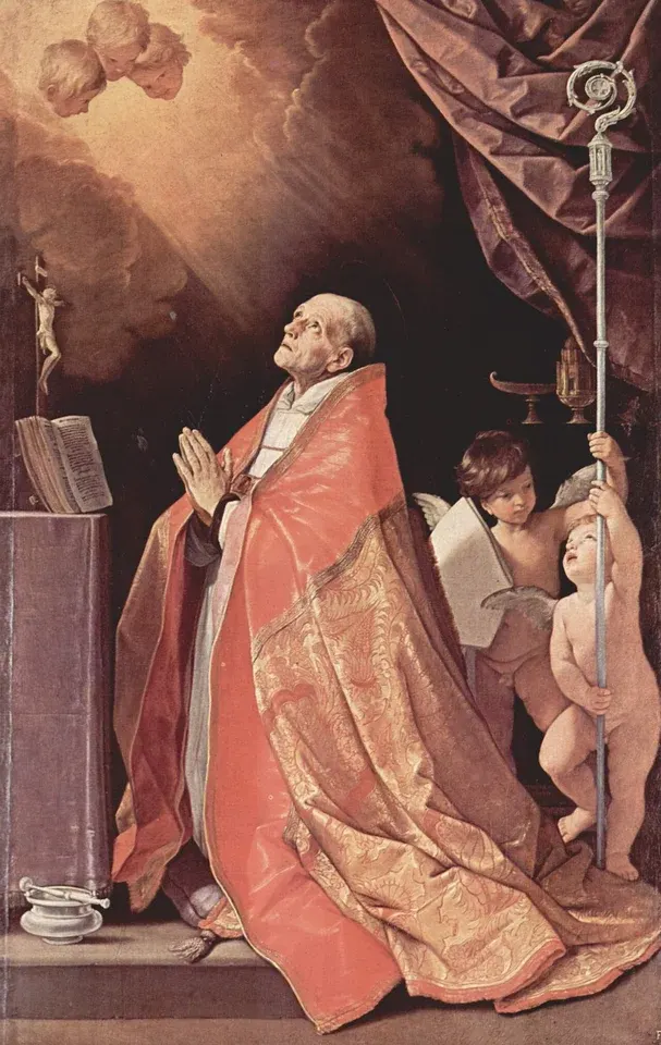Andrew Corsini: painting of a kneeling bishop in pink vestments