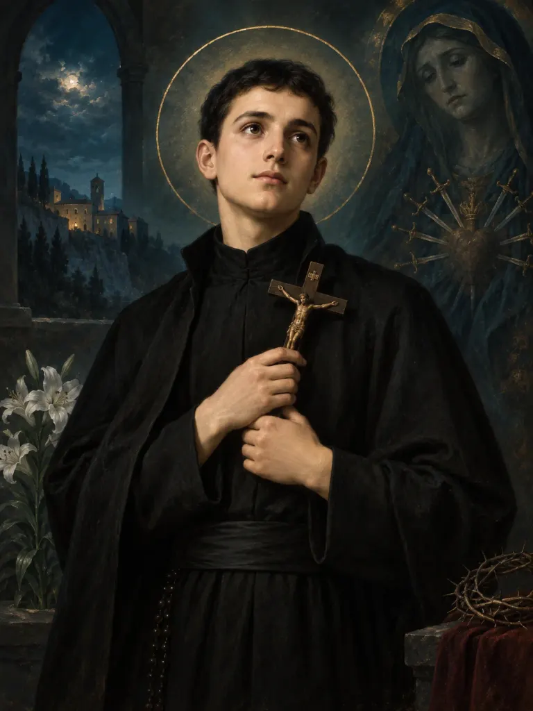 AI-generated illustration of Gabriel of Our Lady of Sorrows; imagined likeness, not a historical portrait