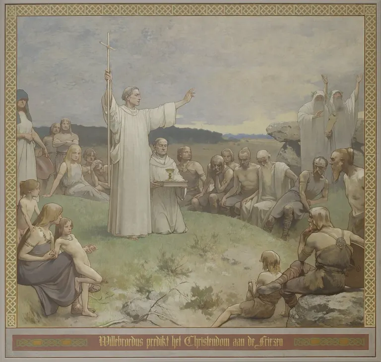 Willibrord: painting of a bishop preaching to a gathered crowd in an open landscape