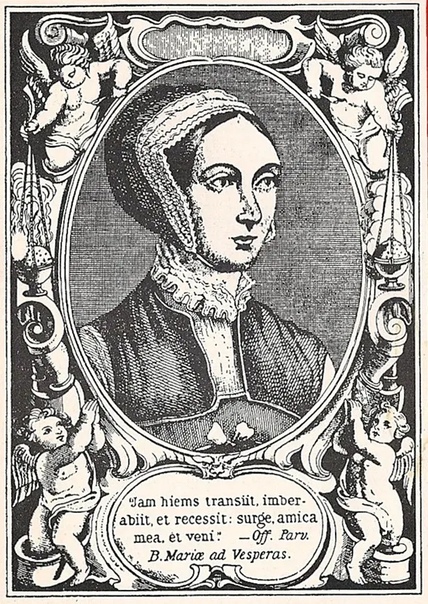 Margaret Clitherow: engraved portrait of a woman in a bonnet, surrounded by decorative lettering
