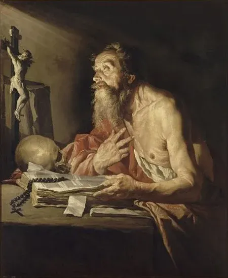 Jerome: painting of an elderly man at a desk with books, a skull and a crucifix