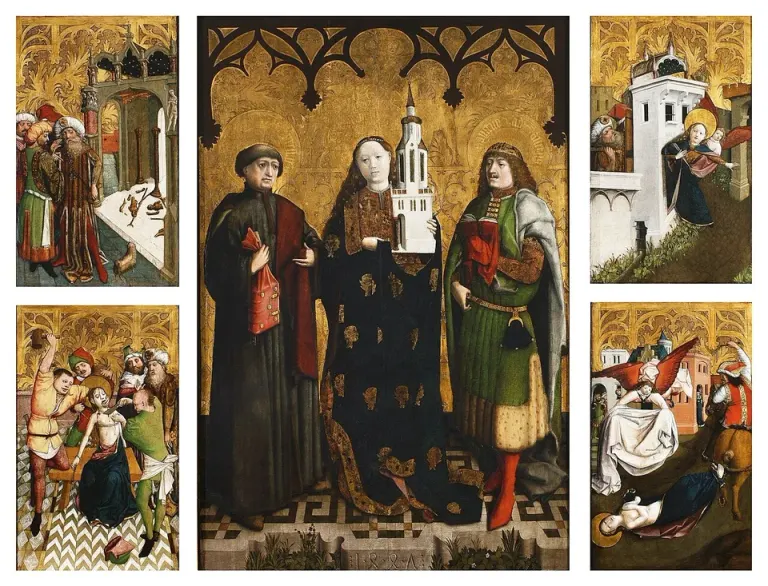 Barbara: altarpiece with standing saints and smaller narrative scenes around them