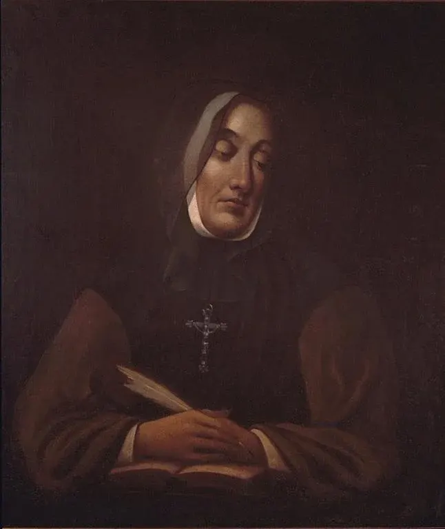 Marguerite d'Youville: painting of a veiled woman with a cross at her neck