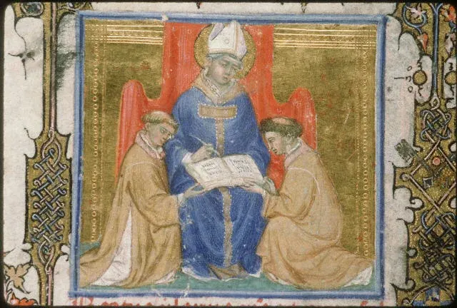Hilary of Arles: manuscript miniature of a bishop seated between kneeling figures