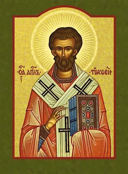 Timothy: icon of a bishop holding a red Gospel book
